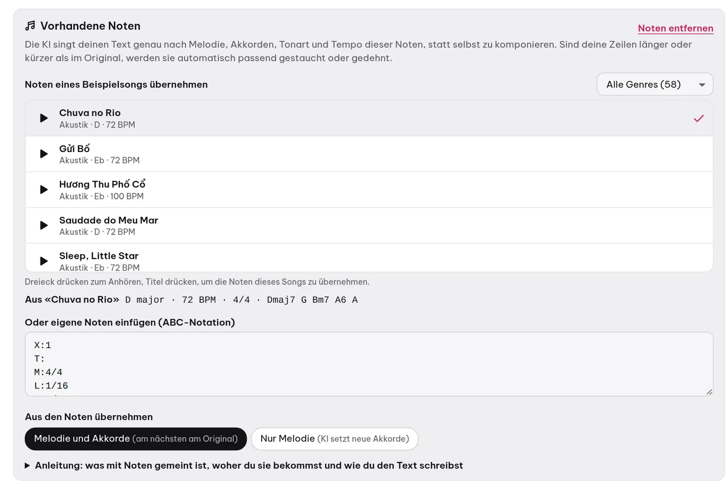 Der Bereich «Vorhandene Noten»: einen Beispielsong auswählen und seine Melodie übernehmen oder eigene Noten einfügen, dann festlegen, was übernommen wird.