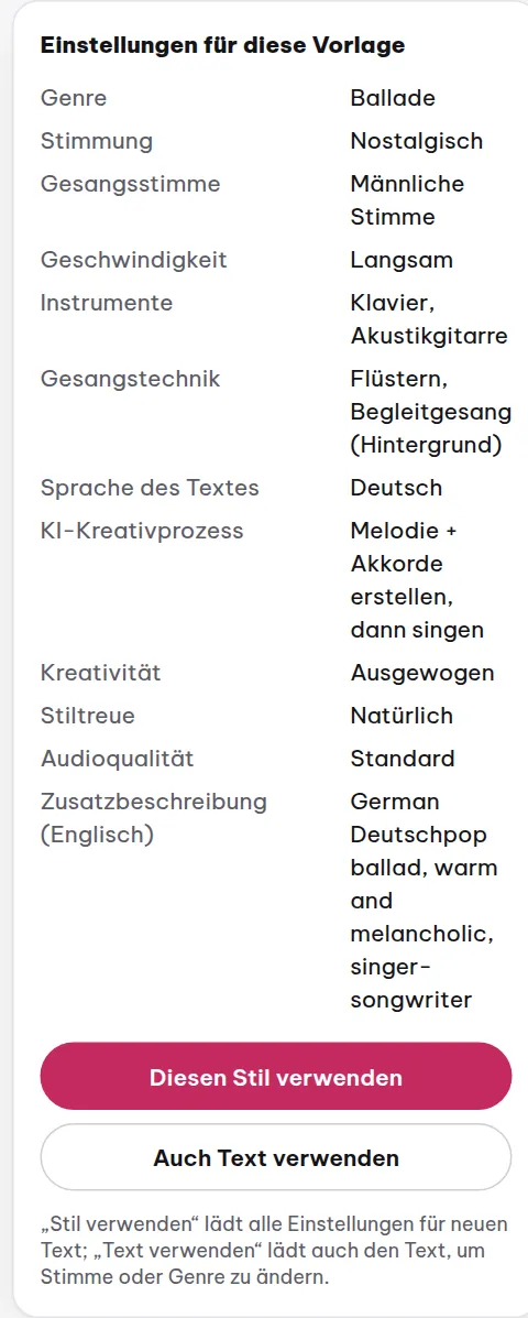 Der Einstellungsblock unter jedem Song: Hier siehst du, mit welchen Optionen der Song erstellt wurde, und übernimmst sie mit einem einzigen Klick.