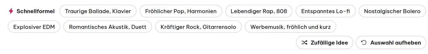Schnellformel zeigt vorgefertigte Sets, mit einem Klick auswählbar.