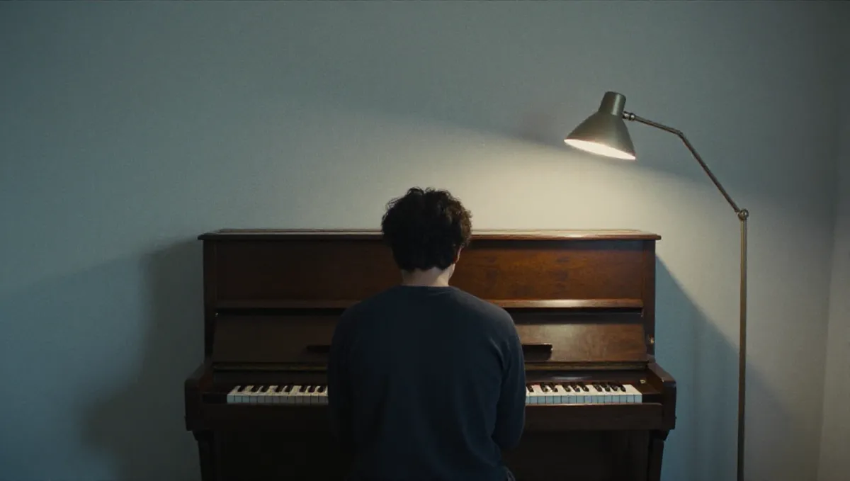 Person von hinten, die nachts unter einer warmen Lampe auf einem Klavier spielt