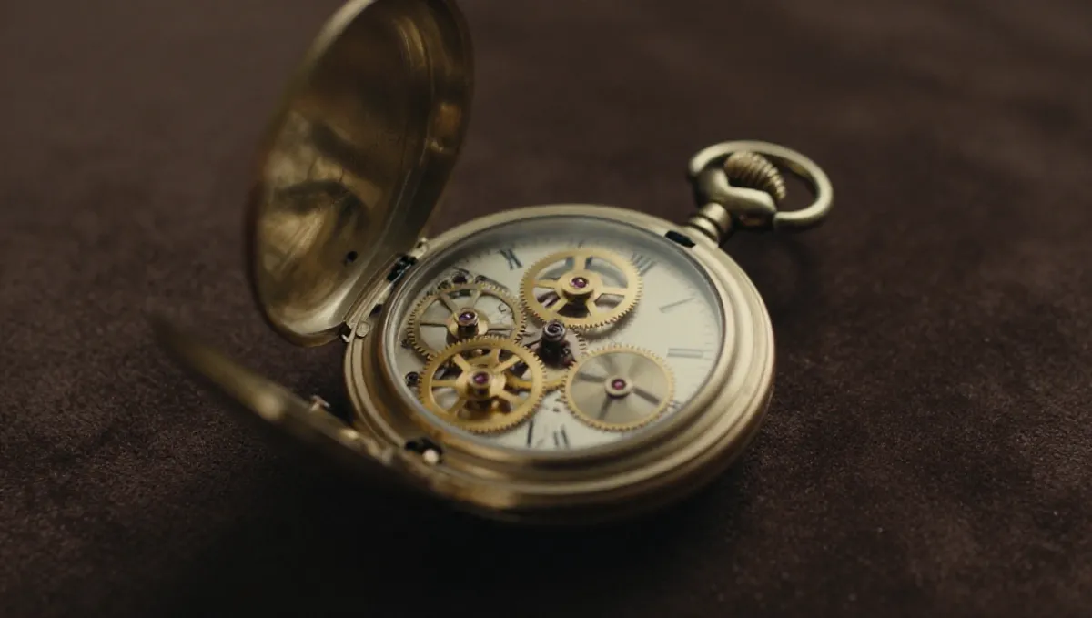 Nahaufnahme ineinandergreifender Messingzahnräder in einer antiken Taschenuhr auf dunklem Samt