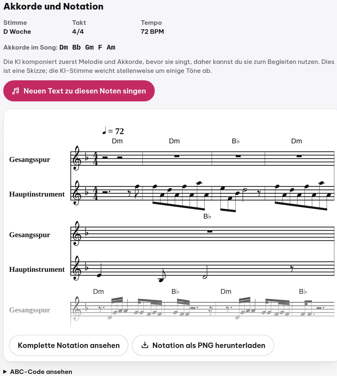 Beispiel-Song-Seite mit Akkorden und dem Button „ABC-Code anzeigen“, den Nutzer anklicken können, um die Notation zu sehen.