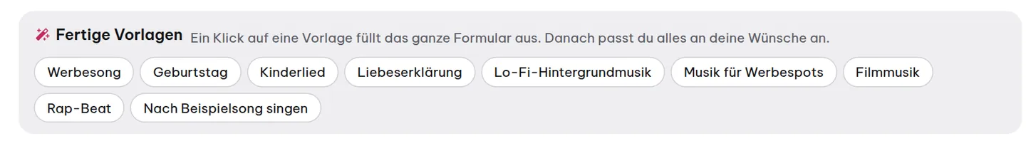 Die Reihe «Fertige Vorlagen» oben im Song-Formular: Jede Vorlage füllt das ganze Formular für einen bestimmten Anlass aus.