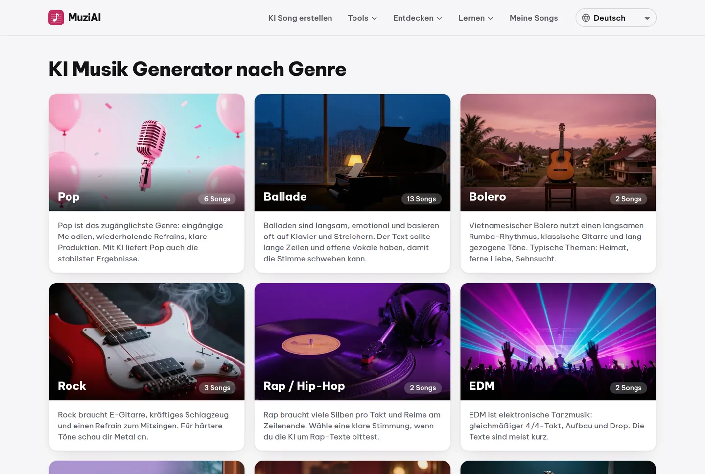 Die Genre-Seite zeigt eine Liste der Musikgenres, jeweils mit Beispielsongs zum Anhören.