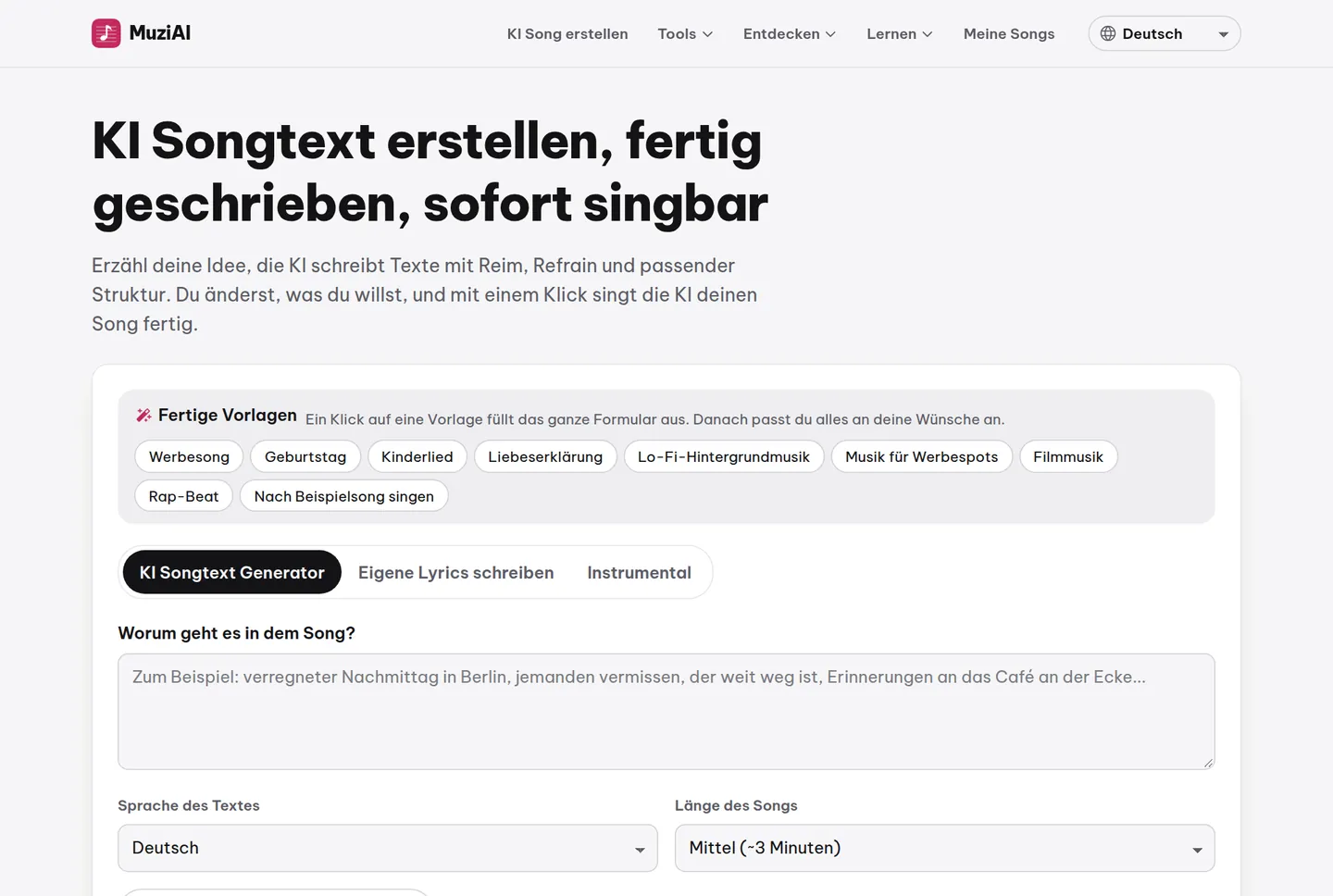Songtextfeld nach dem Klick auf 'Text mit KI schreiben', direkt editierbar.