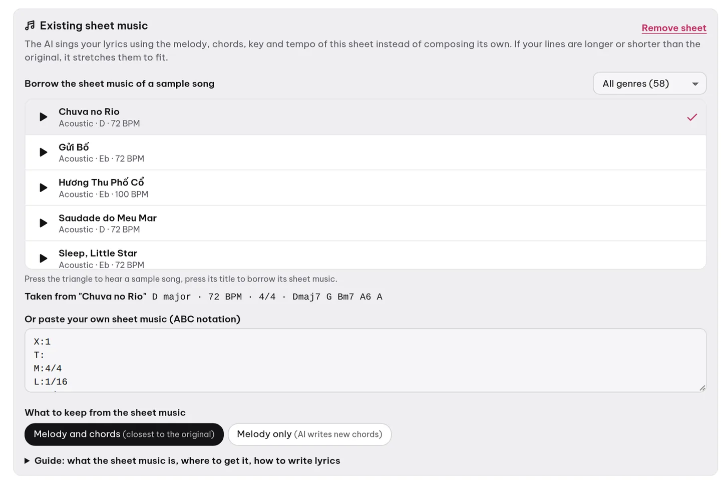 The "Existing sheet music" panel: pick a sample song to borrow its melody, or paste your own sheet music, then choose what to keep.
