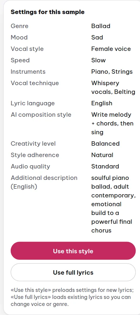 The settings block under each song: see which choices made the song and reuse them with a single click.