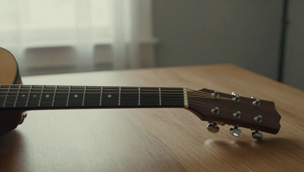Close-up of a hand fretting an open chord on an acoustic guitar neck