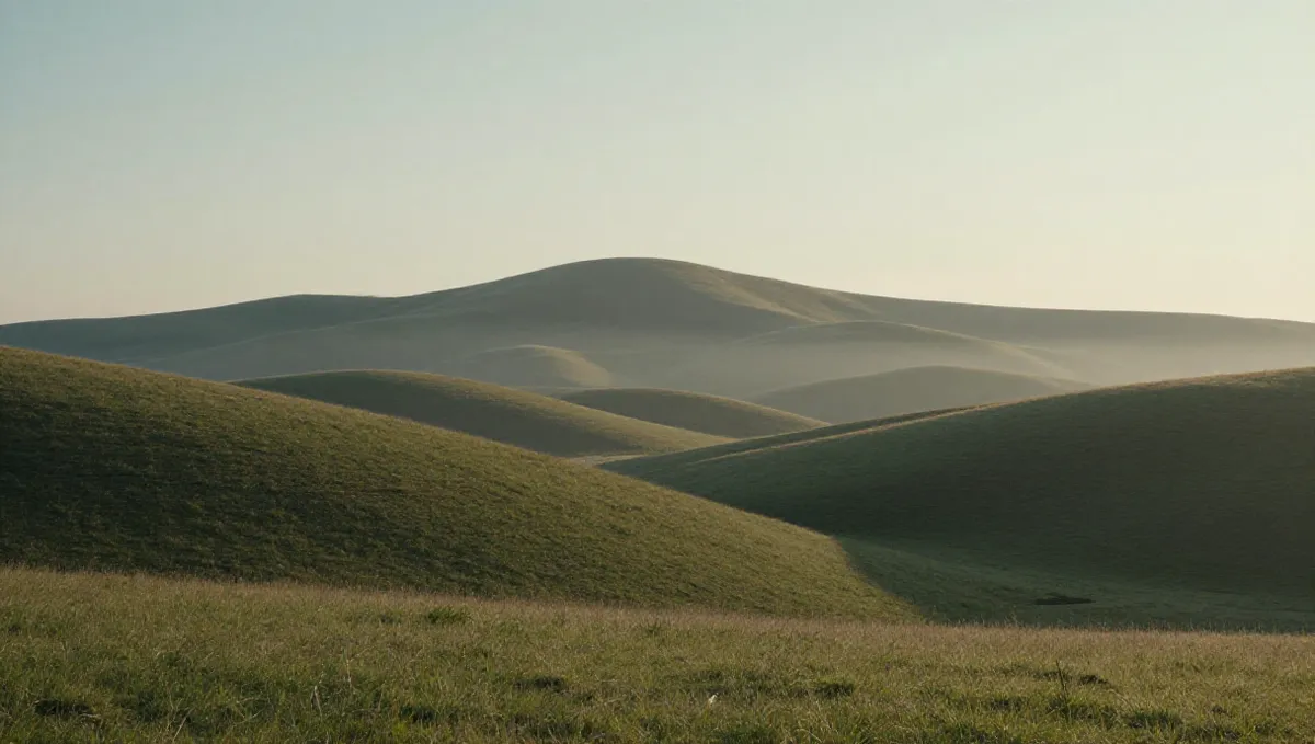 Rolling hills at dawn rising to one higher rounded peak in soft mist