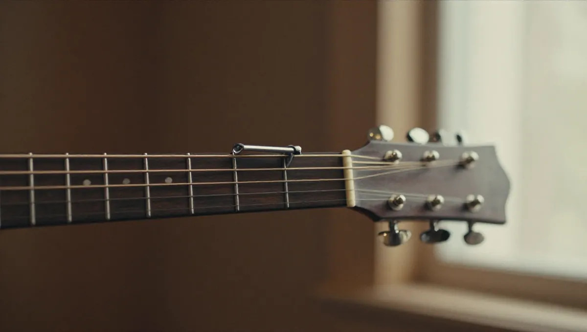 Close-up of a metal capo clamped on the third fret of an acoustic guitar
