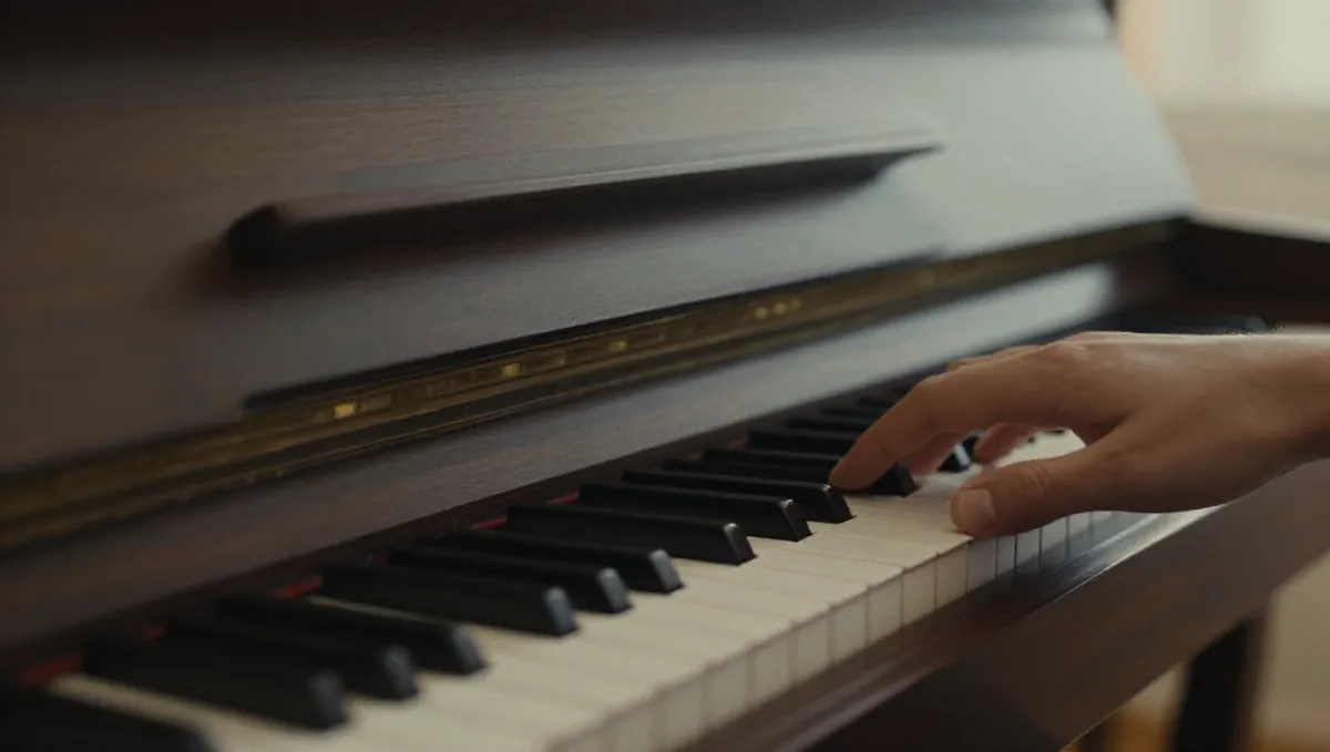 Close-up of a hand resting on piano keys under warm side light