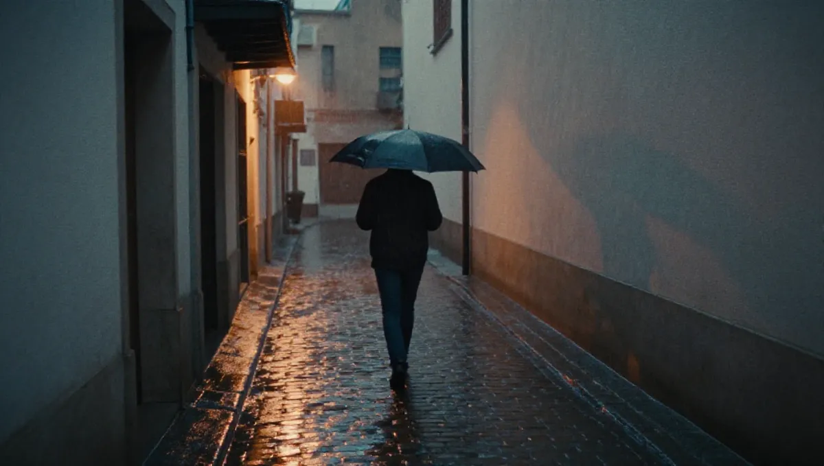 Person with an umbrella walking away down a rainy alley at night, seen from behind