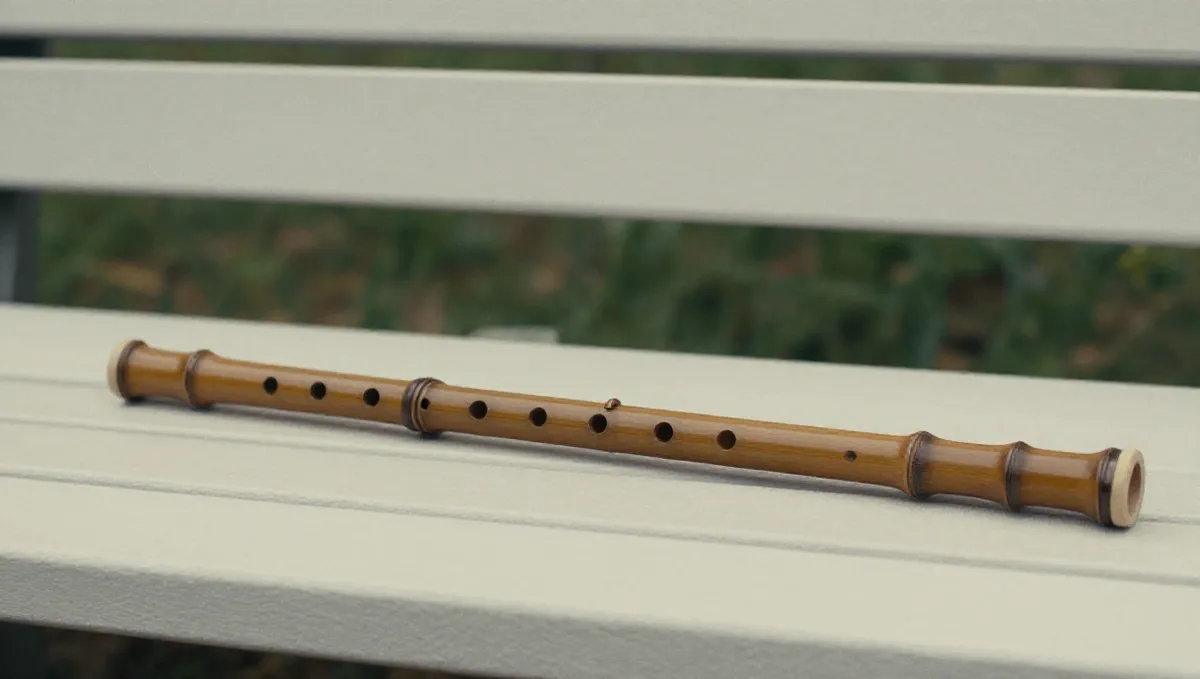 Close-up of a bamboo flute with finger holes resting on linen in soft side light
