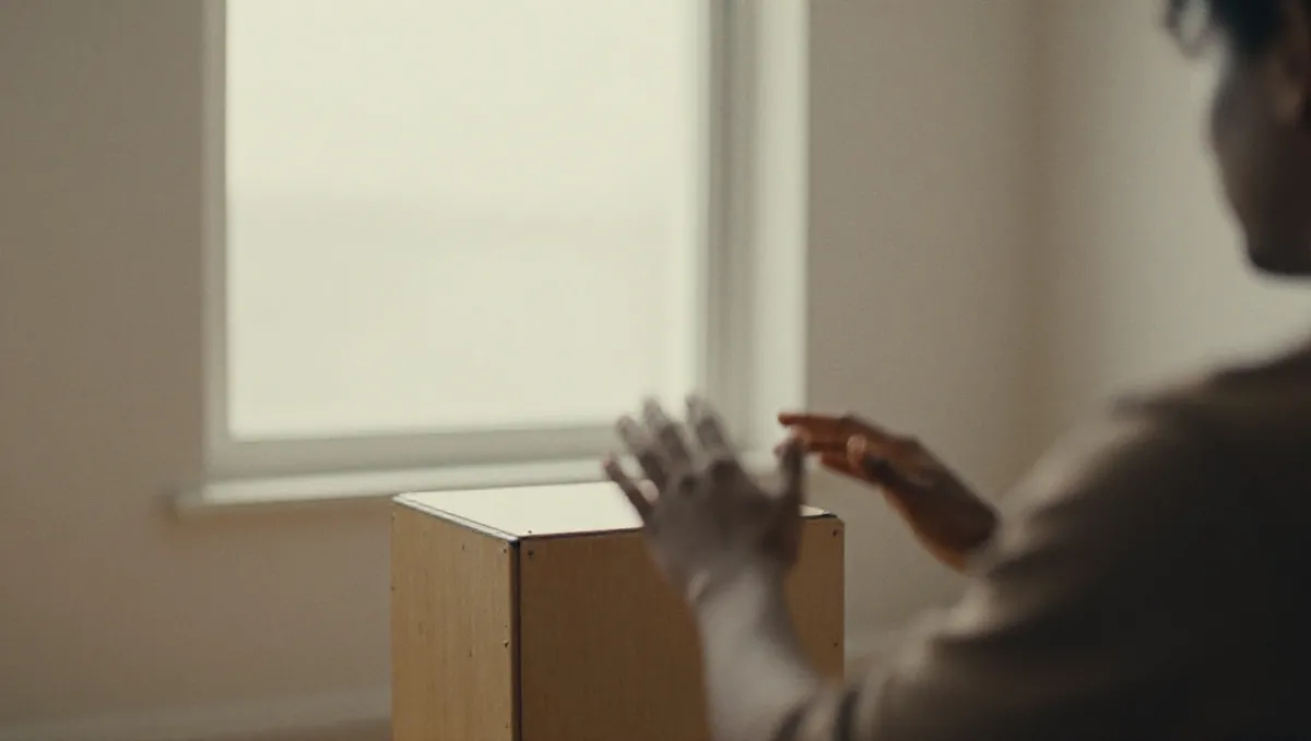 Hands striking a wooden cajon, seen from behind, one hand lifted between beats