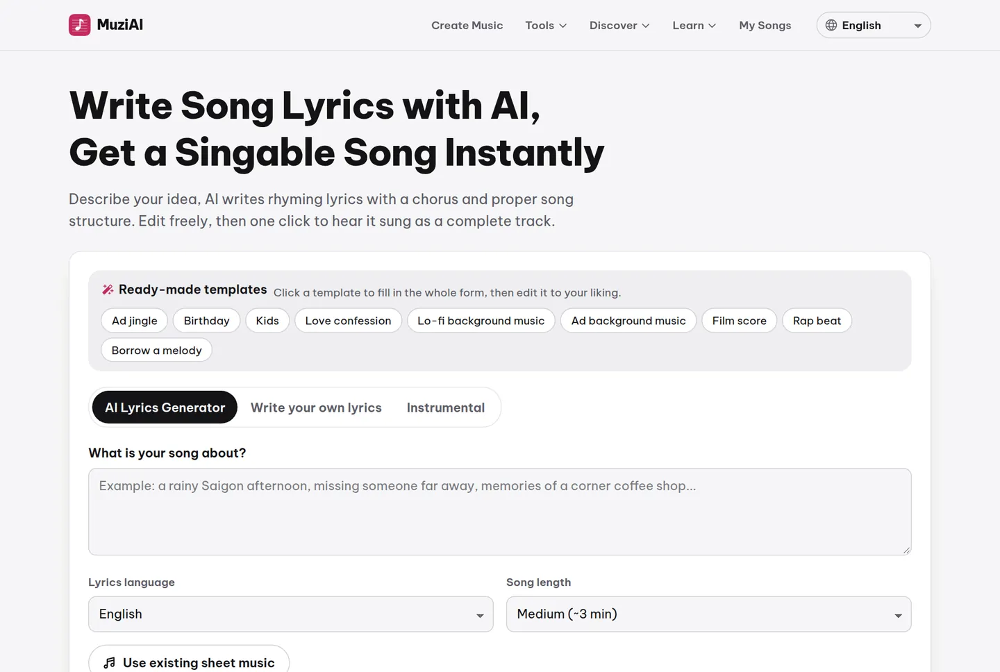 Lyrics box appears after clicking Write Lyrics with AI, ready for direct editing.