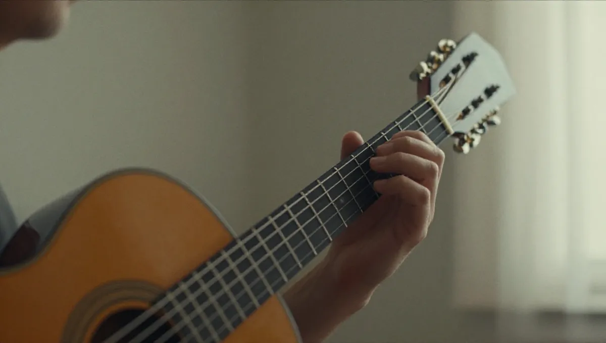 後ろから見たギタリストの右手。親指は低音弦に、ほかの指は高音弦の上に構えている