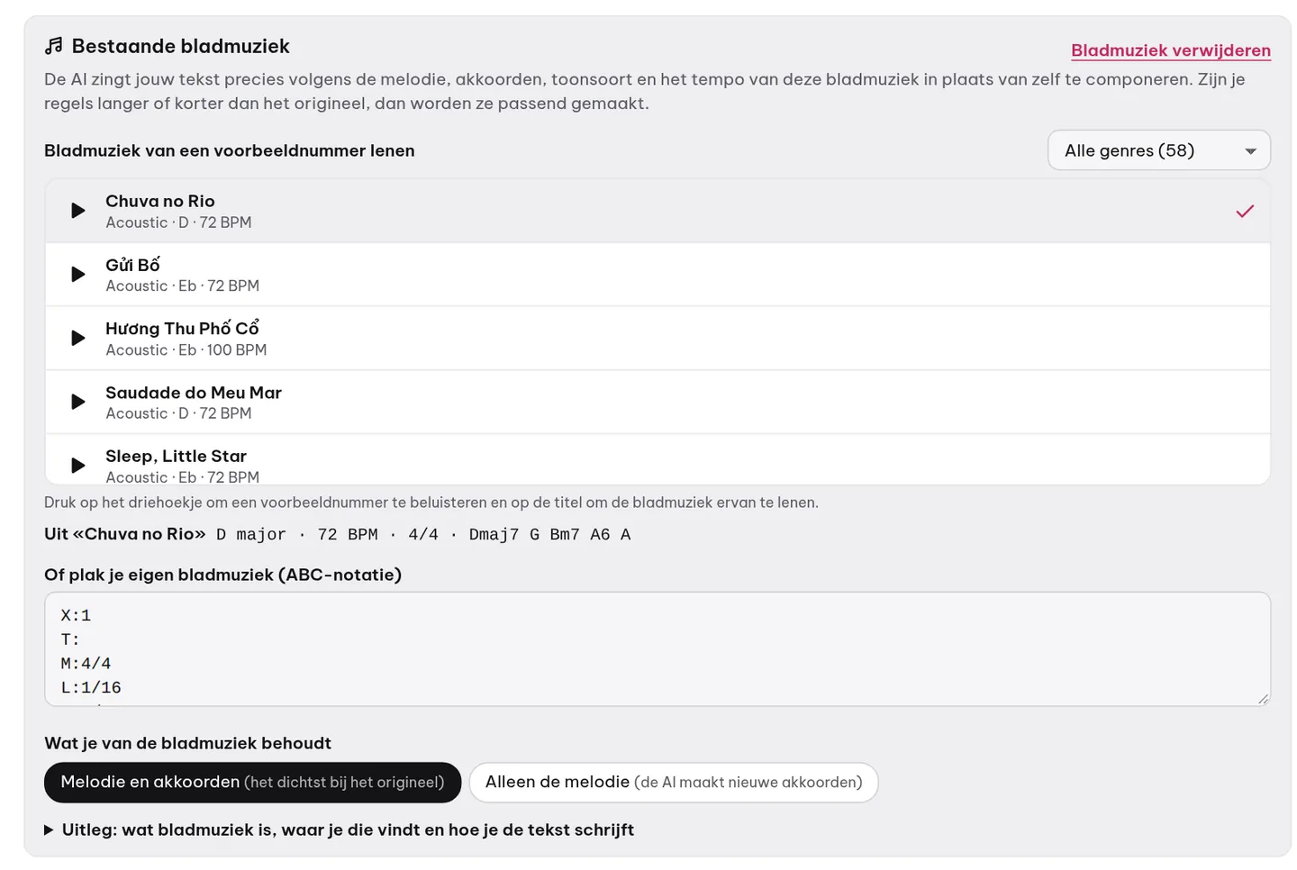Het blok «Bestaande bladmuziek»: kies een voorbeeldnummer om de melodie van te lenen of plak je eigen bladmuziek, en kies daarna wat je wilt behouden.