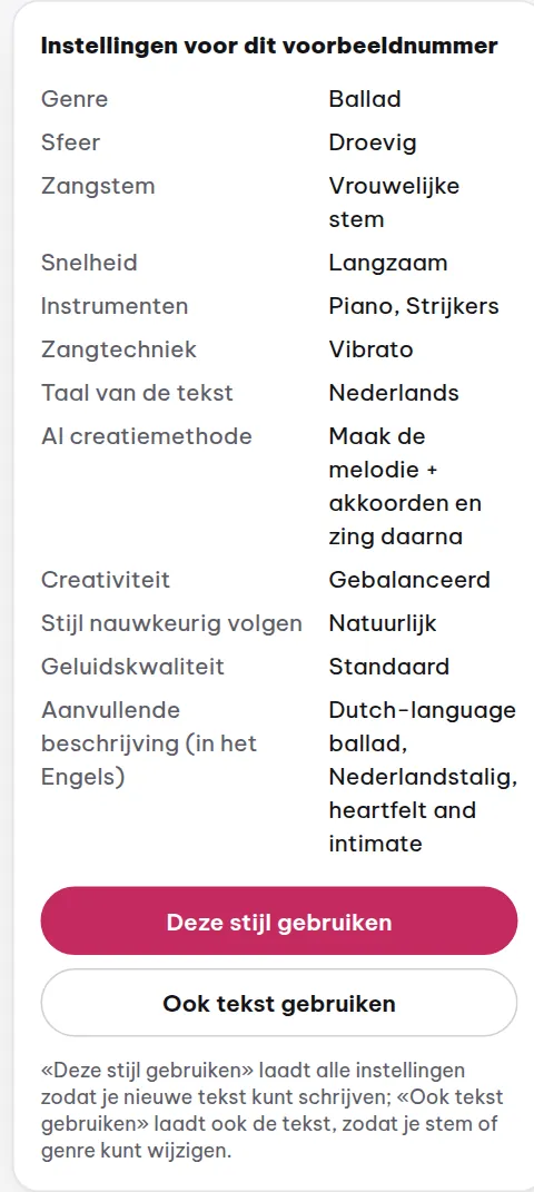 Het gedeelte Instellingen van het voorbeeldnummer toont genre, stemming, zang, instrumenten en arrangement in gewone taal.