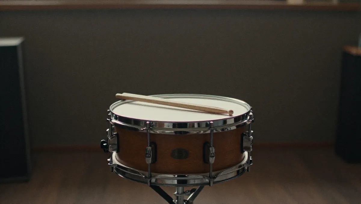 Houten drumstokken op een snaredrum in een schemerige repetitieruimte