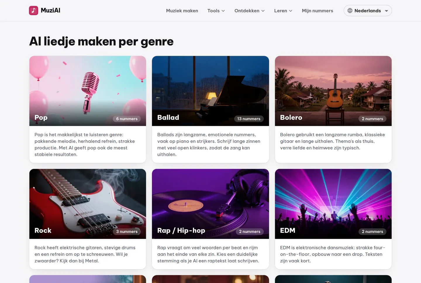 The Genre page displaying a list of music genres, each with sample tracks to preview.