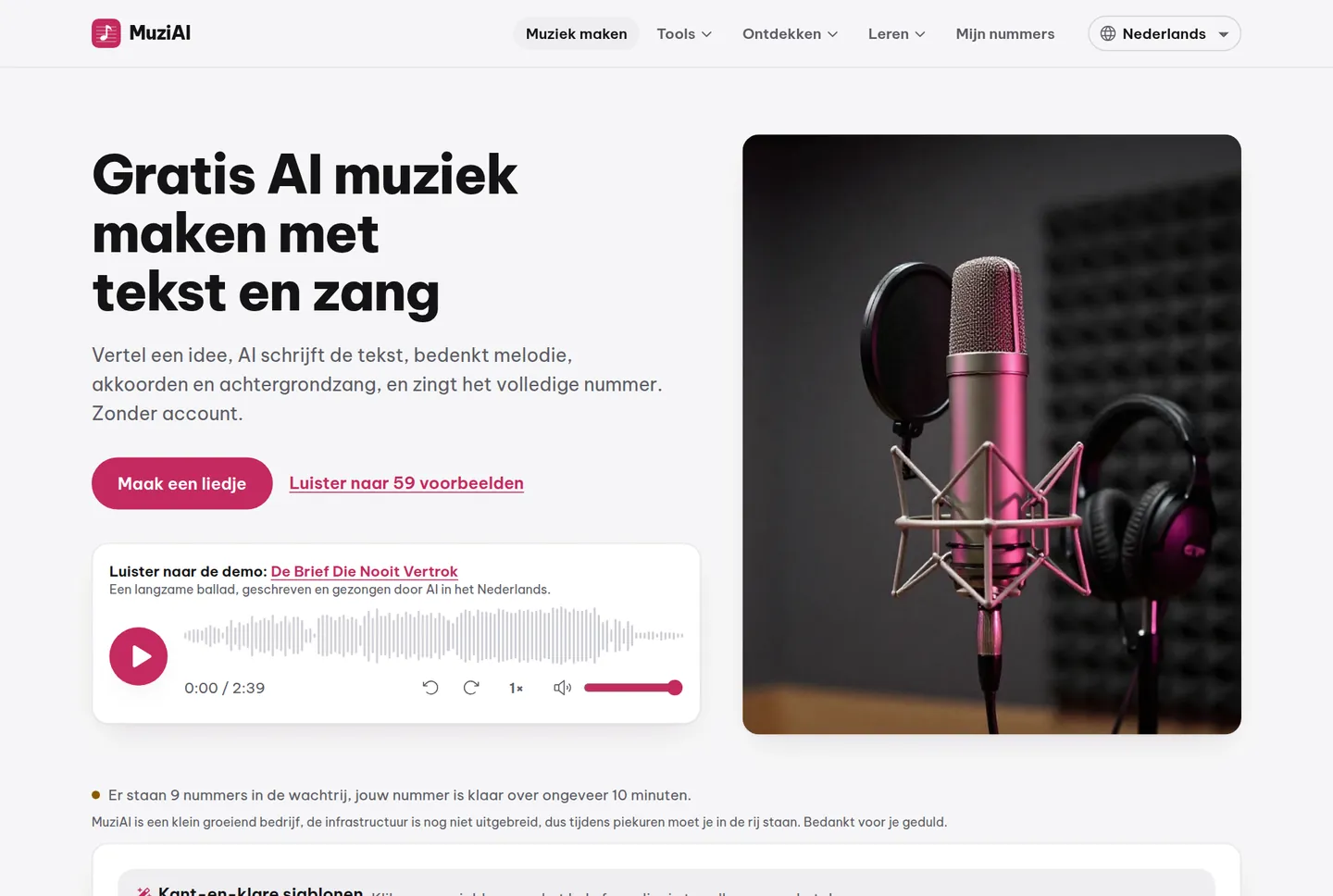 MuziAI homepage with idea input box, lyrics tab, and style options.