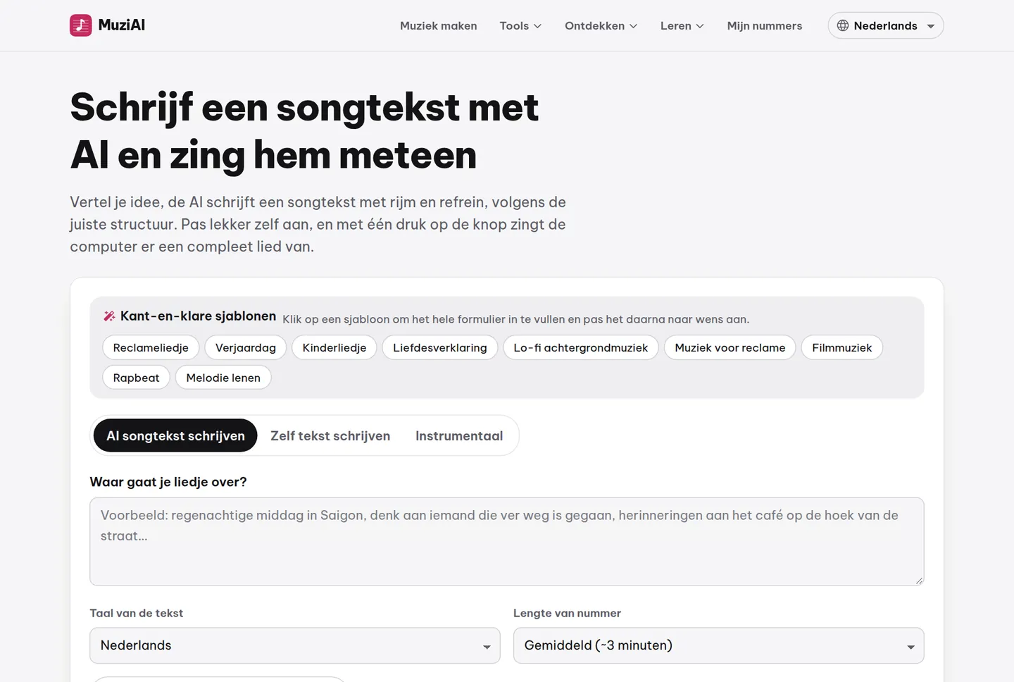 Songtekst verschijnt na het klikken op Schrijf tekst met AI en is direct bewerkbaar.