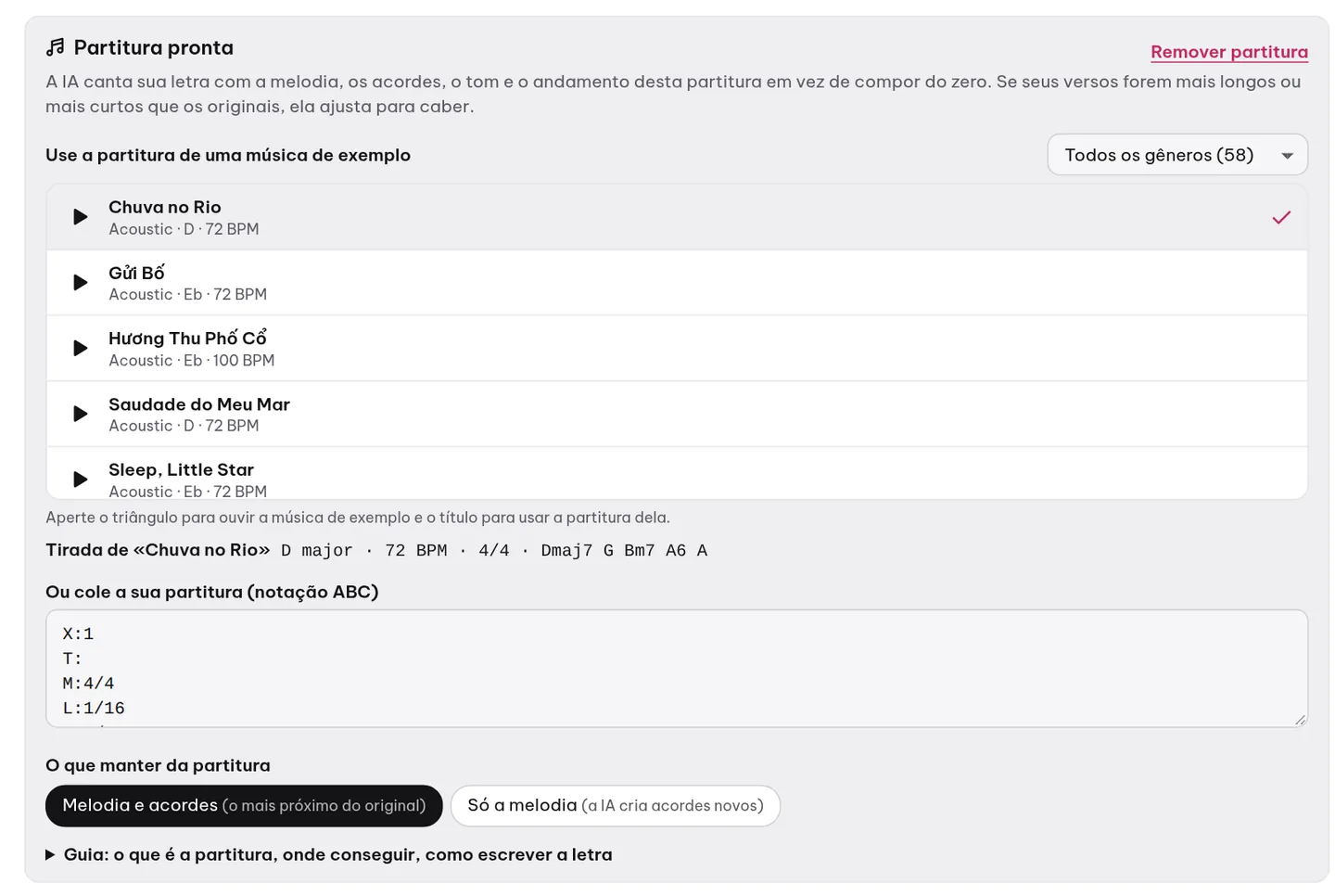 O painel «Partitura pronta»: escolha uma música de exemplo para pegar a melodia emprestada, ou cole a sua partitura, e depois escolha o que manter.
