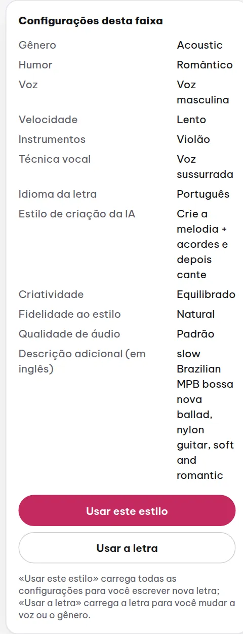 O bloco de configurações abaixo de cada música: veja com quais escolhas ela foi criada e reaproveite tudo com um clique.