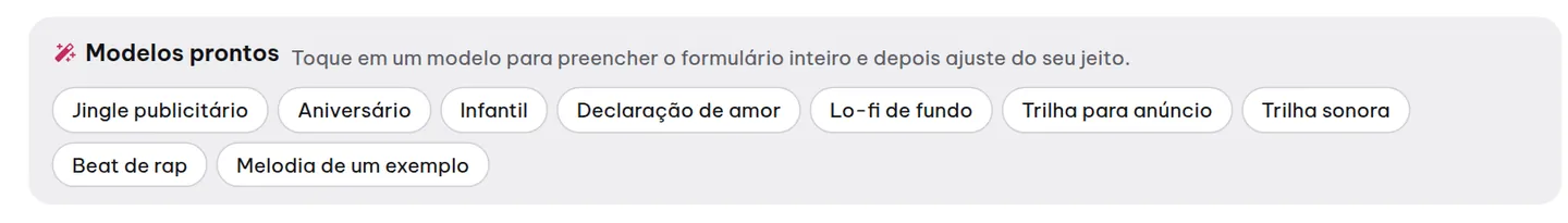 A fileira «Modelos prontos» no topo do formulário de criação: cada modelo preenche o formulário inteiro para uma situação de uso.