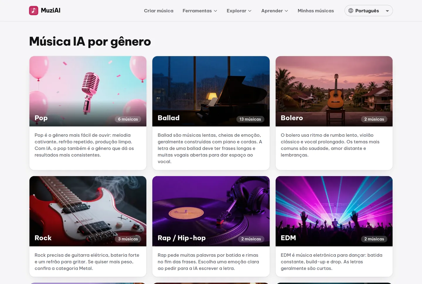 Página de Gêneros mostrando a lista de estilos, cada um com músicas de exemplo para ouvir.