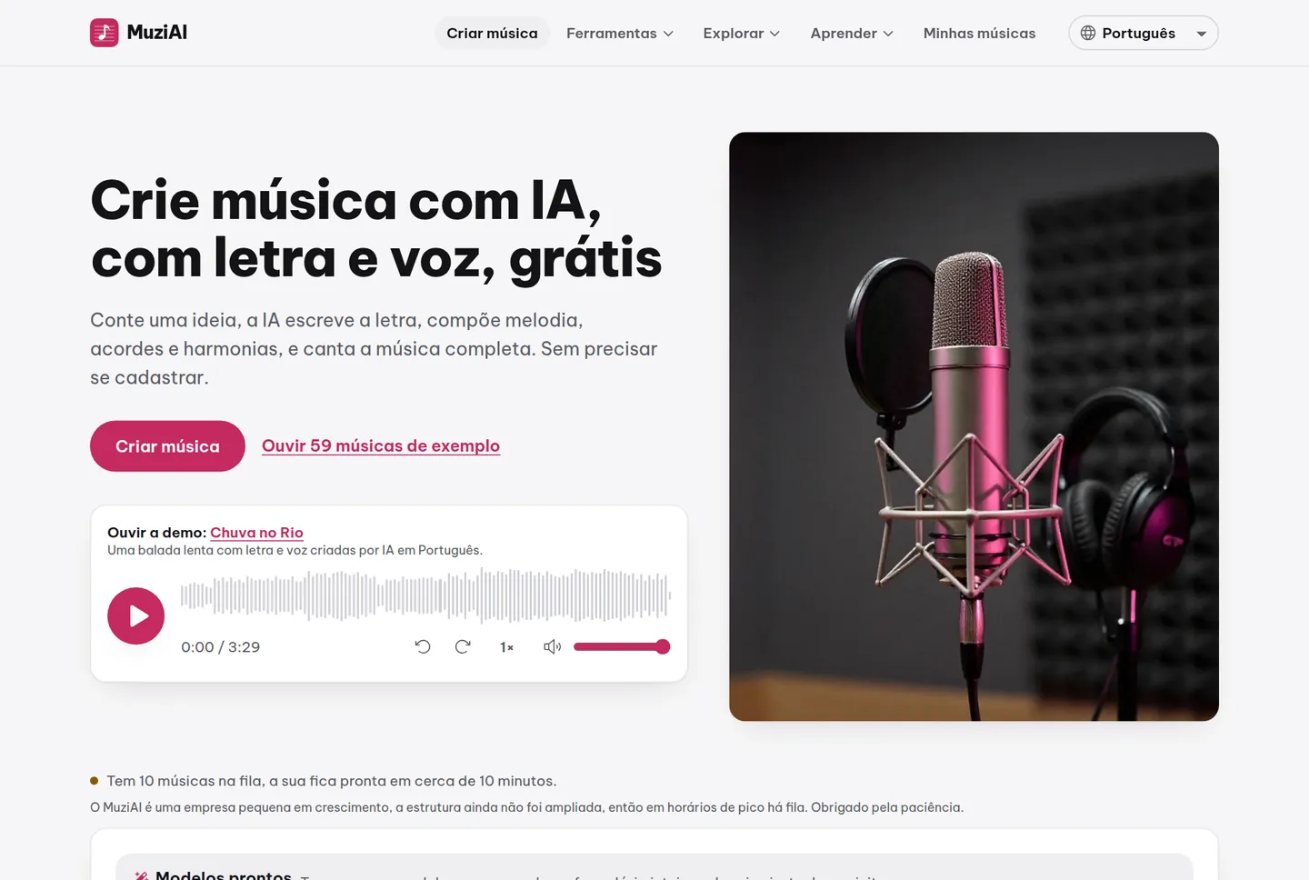 MuziAI homepage with idea input box, lyrics tab, and style options.