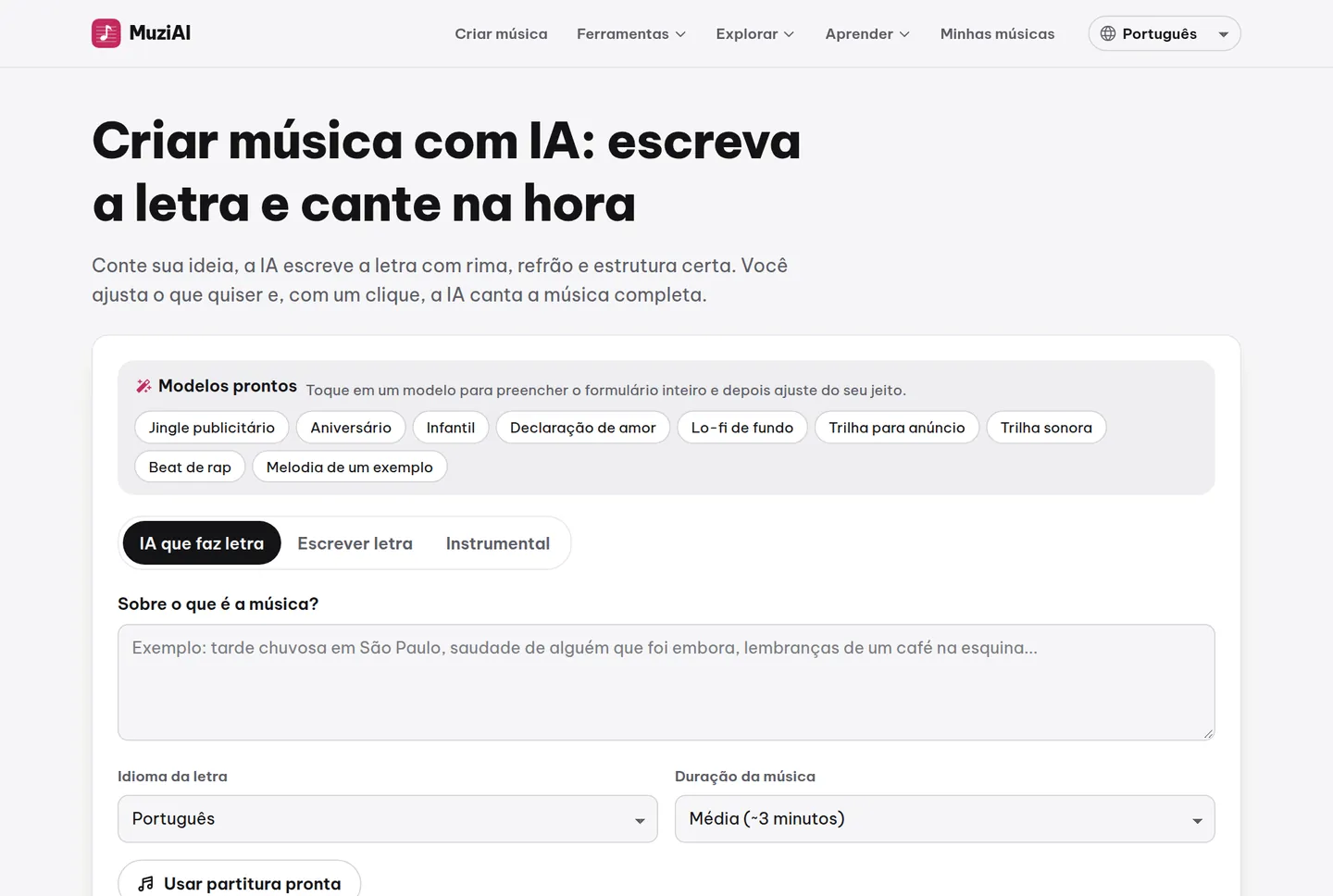 Quadro da letra após clicar em Escrever letra com IA, com opção de edição direta.
