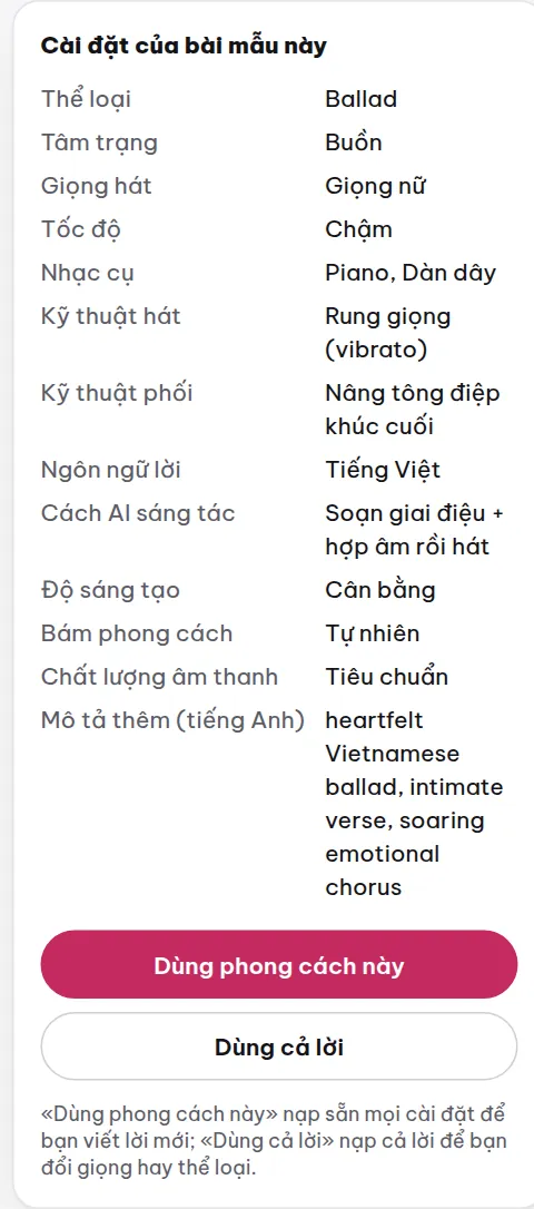 Khối cài đặt dưới mỗi bài: xem bài được tạo bằng những lựa chọn nào và dùng lại chỉ với một nút bấm.
