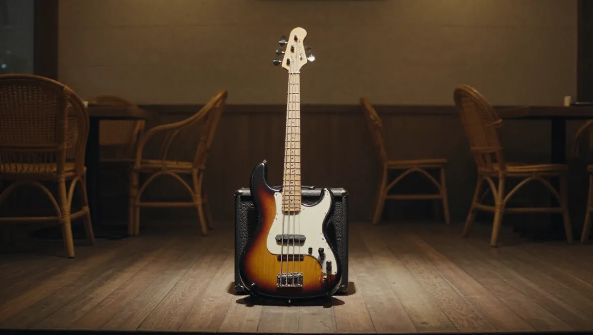 Cây đàn bass điện dựa vào ampli trên sân khấu nhỏ của quán cà phê nhạc