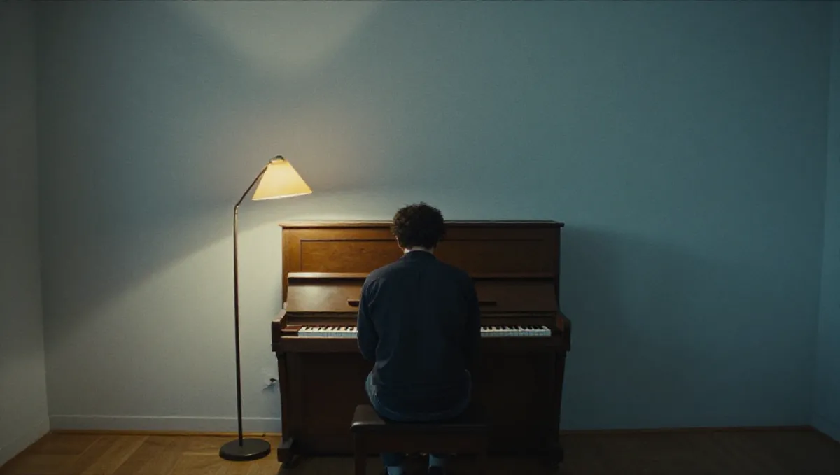 Người chơi đàn piano đứng, nhìn từ phía sau, trong căn phòng lúc chạng vạng