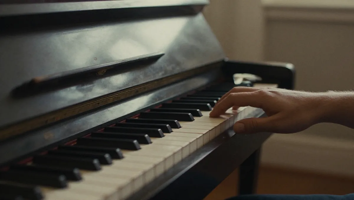 Bàn tay đặt nhẹ trên phím đàn piano cũ dưới ánh sáng nghiêng buổi sáng
