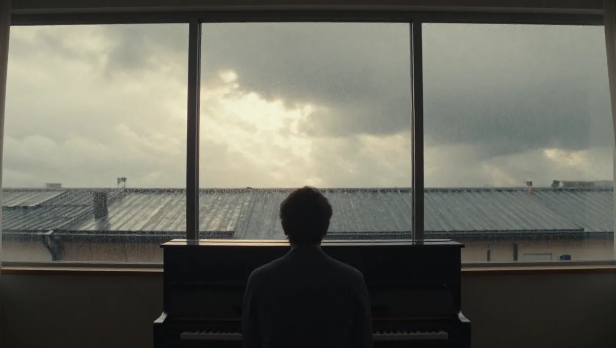Người ngồi bên đàn piano nhìn từ phía sau, ngoài cửa sổ mưa tạnh nắng lên