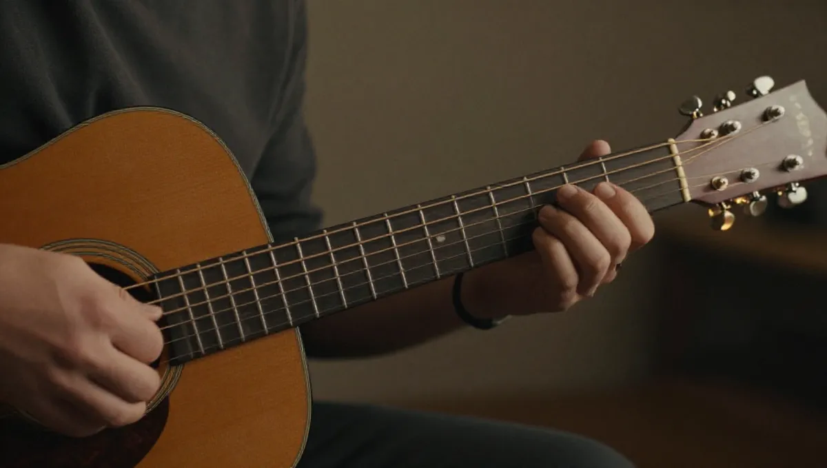 Bàn tay bấm một hợp âm trên cần đàn guitar mộc cũ dưới ánh đèn vàng