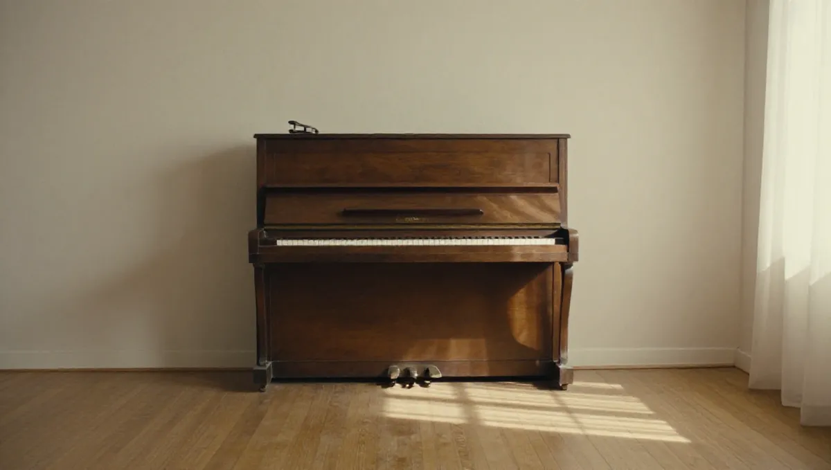 Cây đàn piano đứng cũ trong phòng khách, chiếc capo guitar đặt trên nắp đàn