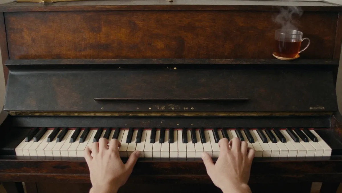 Hai bàn tay đặt trên phím đen của cây đàn piano cũ dưới ánh đèn