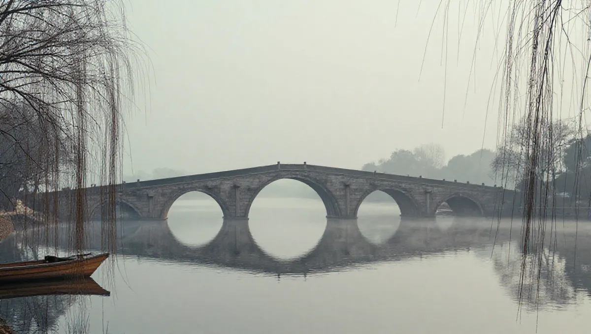 Cây cầu đá cổ hình vòm bắc qua dòng sông lặng trong sương sớm