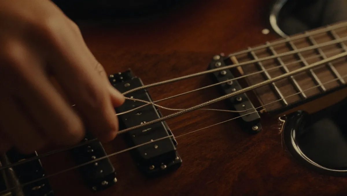 Cận cảnh ngón tay gảy dây đàn bass điện, một dây còn rung nhẹ