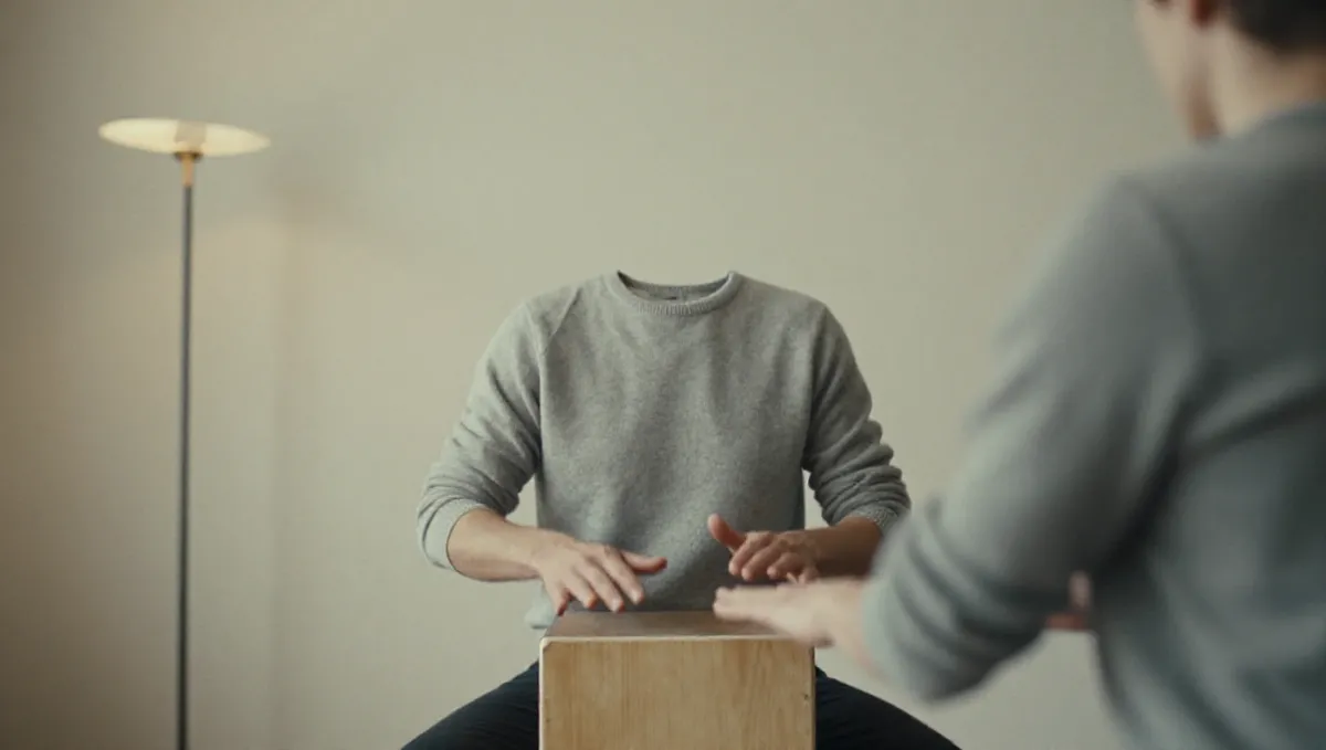 Người ngồi gõ trống cajon nhìn từ phía sau, hai bàn tay đặt trên mặt trống