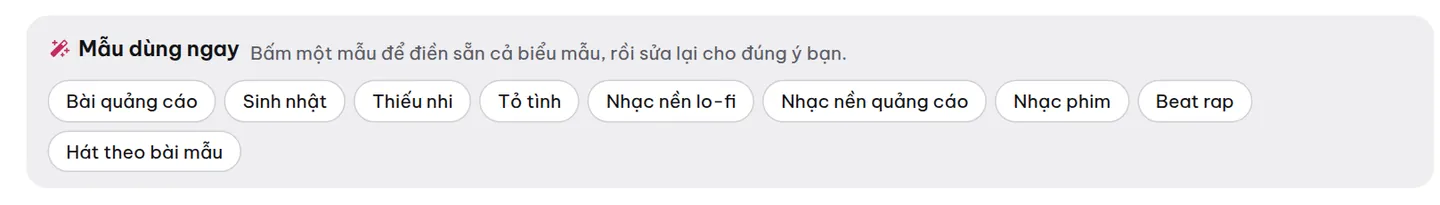 Dãy «Mẫu dùng ngay» ở đầu bàn tạo nhạc: mỗi mẫu điền sẵn cả biểu mẫu cho một trường hợp dùng.