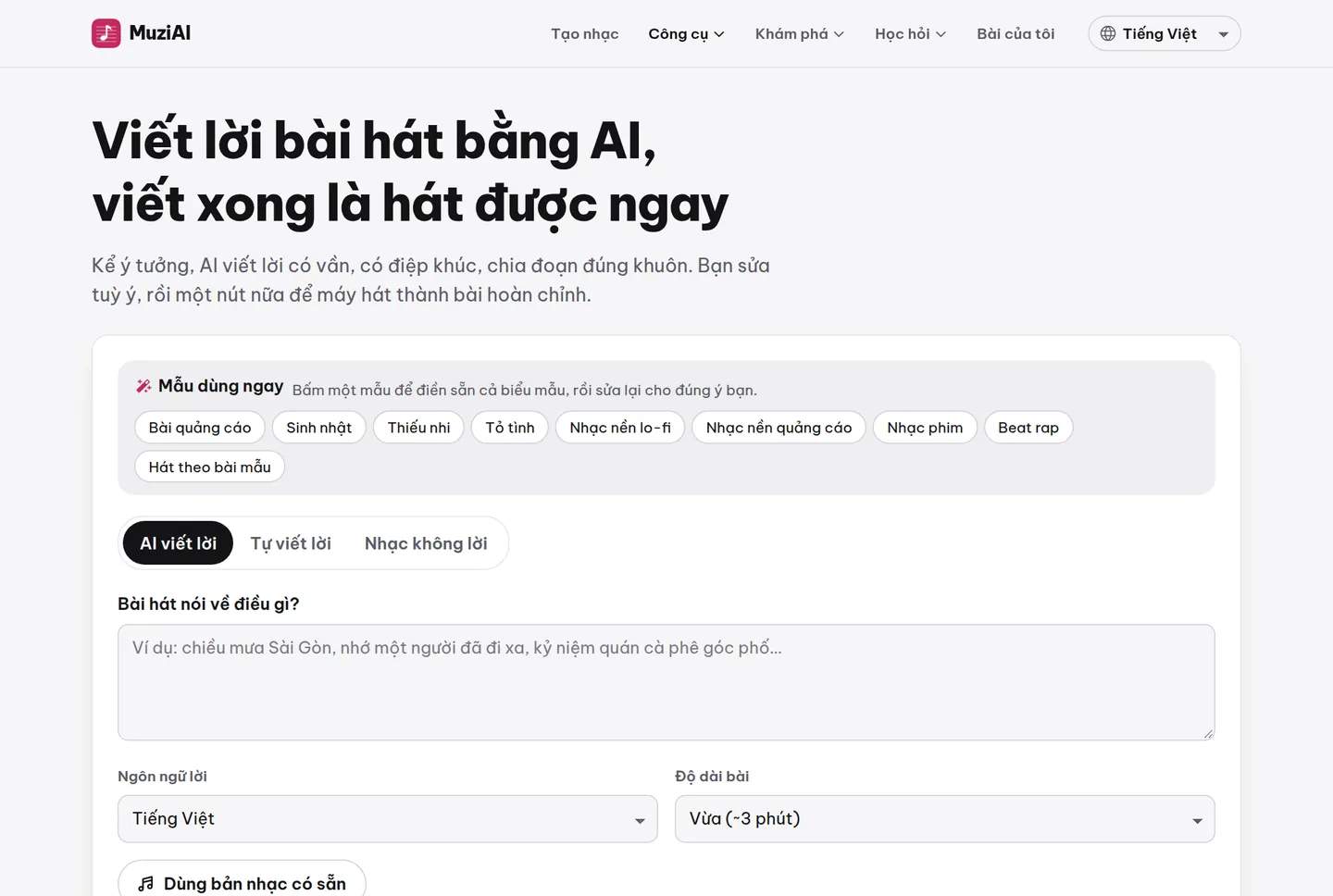 Giao diện tab «Tự viết lời» hiển thị ô nhập ý tưởng «Bài hát nói về điều gì?» và các lựa chọn độ dài bài hát
