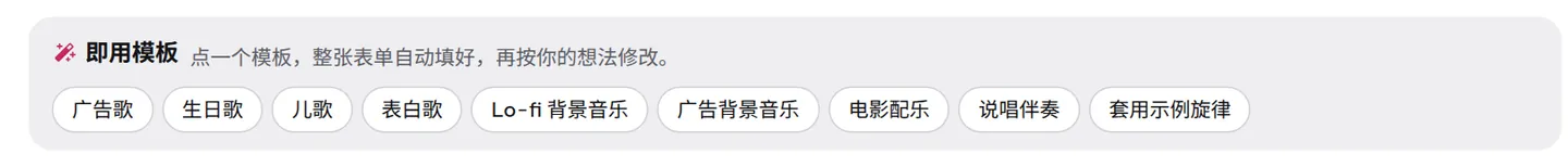 创作面板顶部的「即用模板」：每个模板会为一种使用场景填好整张表单。