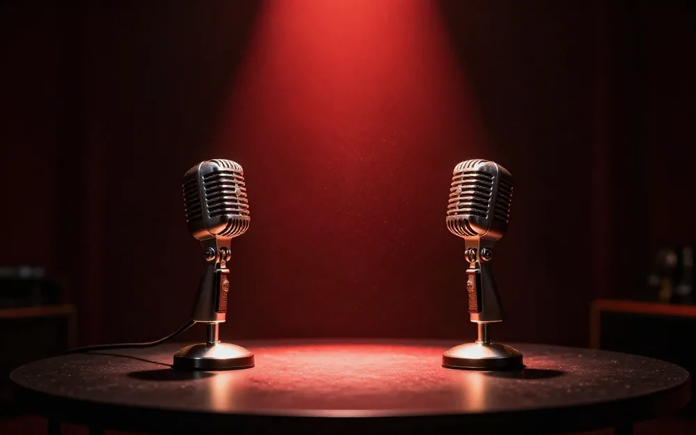 Two vintage microphones facing each other on a studio desk, with a light beam traveling from one to the other
