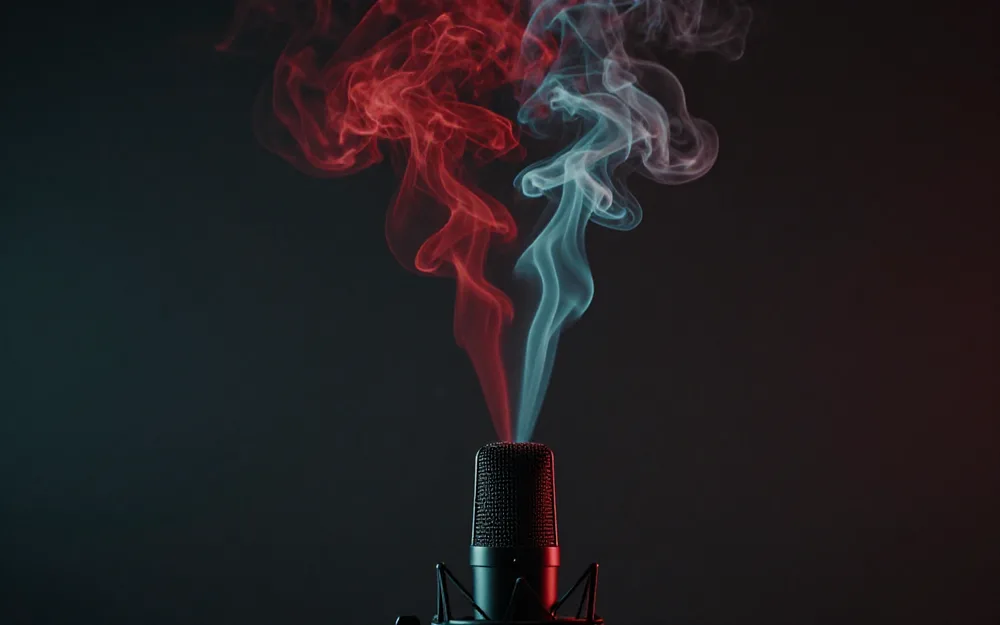 A stream of smoke rises from the microphone and splits into two distinct colored ribbons